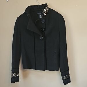 mercer & madison Black Embellished Wool Short Pea Coat